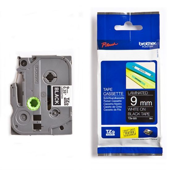 Picture of Brother TZe-325 Labelling Tape Cassette – White on Black, 9mm wide