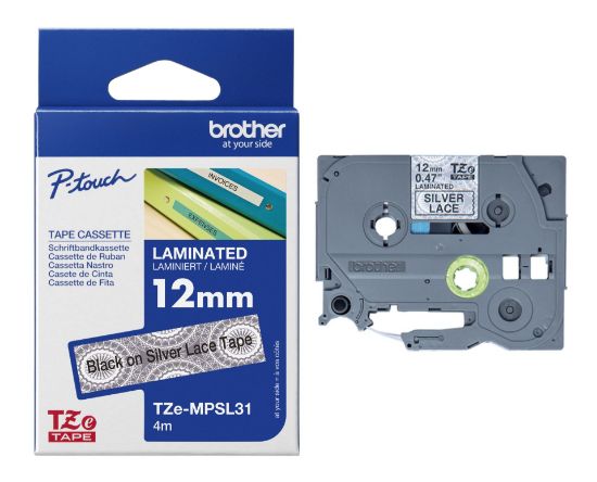Εικόνα της Brother Black Print on Silver Lace Tape for P-touch Label Makers 12mm x 4m