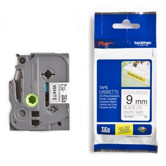 Picture of Brother TZe-S221 Labelling Tape Cassette – Black on White Strong Adhesive, 9mm wide